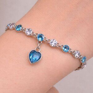 Vintage Swarovski Crystal Bracelet Aquamarine Blue Clear Heart Charm Sterling Ov